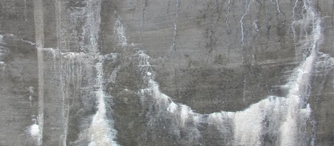 Traces de salpêtre visibles sur un mur en béton